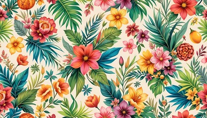  Colorful seamless floral pattern with tropical flowers and leaves, ideal for textile, wallpaper, packaging, and surface design.