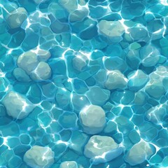 Poster - seamless texture charming cartoon water features a rich aquamarine color with shimmering light reflections and smooth, rounded stones. perfect for backgrounds in illustrations designs.