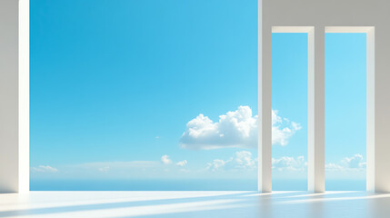 Poster - A bright, modern interior showcasing large windows with a clear blue sky and soft clouds, creating an open and airy atmosphere.