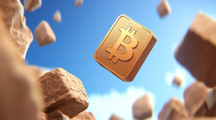 Aufkleber - A floating Bitcoin symbol surrounded by abstract rocks, representing the cryptocurrency's digital evolution and transformation.
