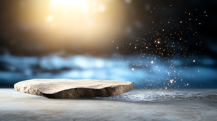 Fototapete - A mystical stone floating in a celestial space, surrounded by shimmering stars and soft glowing light, creating an ethereal atmosphere.
