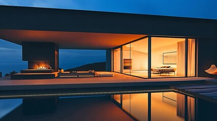 Poster - Modern house with pool at sunset