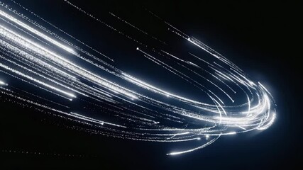 Poster - Luminous particles swirling dynamically, streaming across dark background with vibrant energy and mesmerizing motion