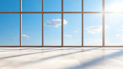 Aufkleber - A spacious interior with large windows showcasing a bright blue sky, inviting natural light and a sense of openness and tranquility.