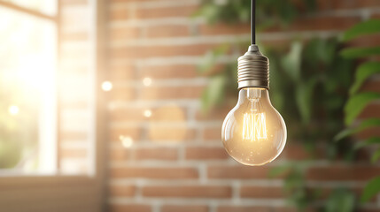 Aufkleber - A warm, glowing light bulb hangs elegantly against a brick wall, creating a cozy atmosphere in a modern space.