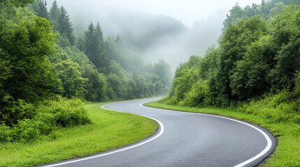 Poster - A winding road through a lush green forest shrouded in mist, capturing the tranquility and beauty of nature.