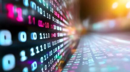 Poster - Abstract digital data stream with binary code displayed in vibrant colors, illustrating the flow of information and technology.
