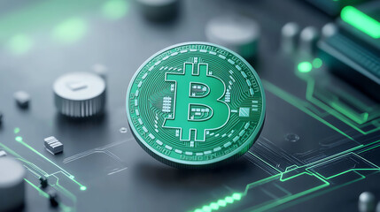 Aufkleber - Close-up of a Bitcoin coin on a digital circuit board, symbolizing cryptocurrency and modern finance.