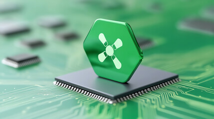 Poster - Close-up of a green microchip symbol on a circuit board, illustrating modern technology and innovations in electronics.