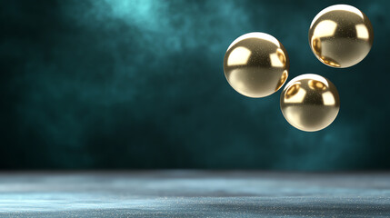 Leinwandbilder - Three glowing gold spheres hover against a misty blue background, creating a striking and dynamic visual effect.