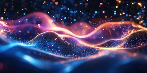 Aufkleber - Abstract Glowing Particle Waves with Bokeh Lights in Blue and Orange Colors