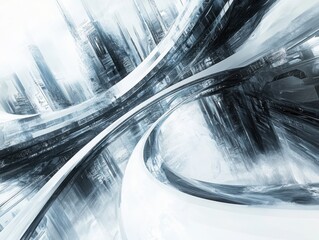 Aufkleber - Futuristic Abstract Architecture with Curving Structures and Complex Geometric Patterns in Blue and White