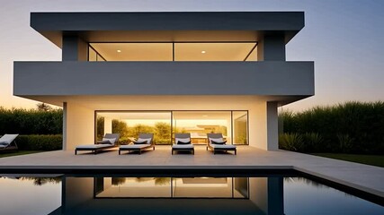 Poster - Modern minimalist house exterior at sunset