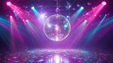 Shiny disco ball hanging in empty club with colorful lights and reflections on dance floor at night