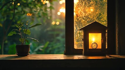 Poster - Small plant and lantern on a windowsill
