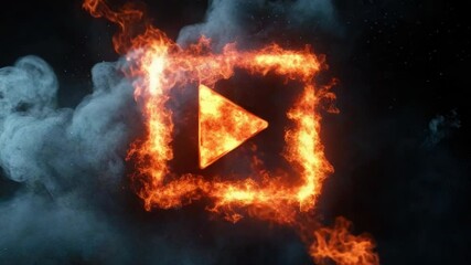 Poster - Flaming Play Button in Dramatic Smoke and Light, Symbolizing Energy, Passion, and Creativity in Motion 4k video footage