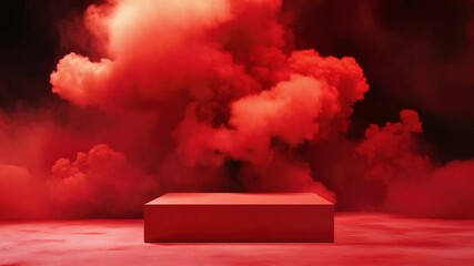 Poster - Vivid Red Smoke Clouds Surrounding a Minimalist Red Display Stand in Dramatic Lighting 4k video footage