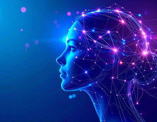 digital illustration of a high-tech ai face with illuminated neural lines branching out, set in a fu