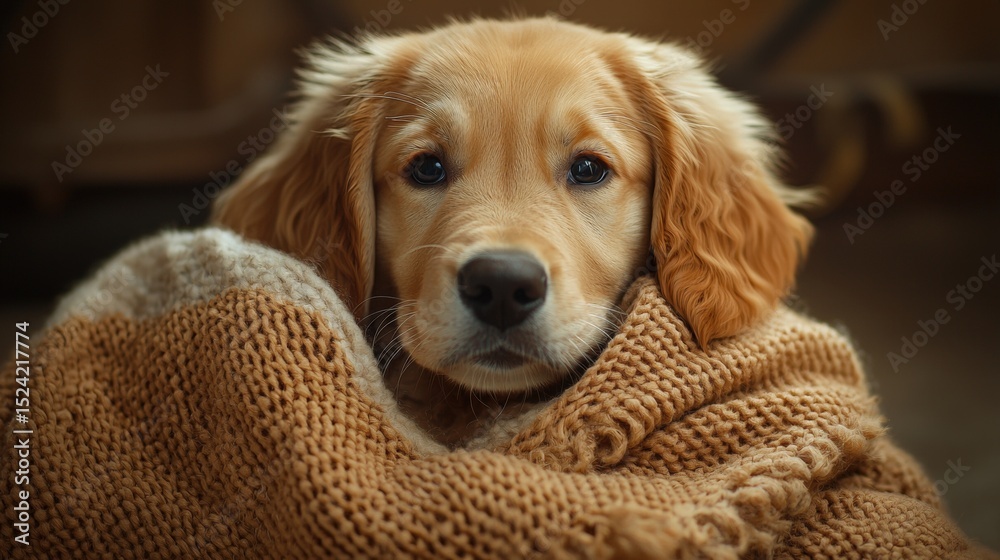 Adorable Golden Retriever puppy with soft fur and soulful eyes resting in cozy blanket indoors, captu a warm and heartwarming pet moment