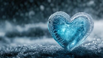 Poster - Stunning Ice Heart Sculpture with Glowing Blue Light on Abstract Frosty Background for Winter or Love Themes 4k video footage
