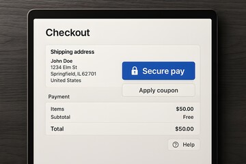 a secure checkout interface on a tablet displays payment options, shipping details, and apply coupon