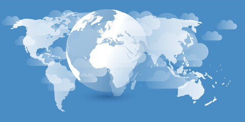 Poster - A conceptual image of global reach or connection, featuring a stylized world map and 3d earth globe beneath stylized, floating grey clouds on a blue background. Universality and international themes.