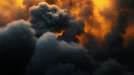 Poster - Dramatic Dark Clouds with Fiery Orange and Yellow Highlights During a Stormy Sky Displaying Nature's Power 4k video footage