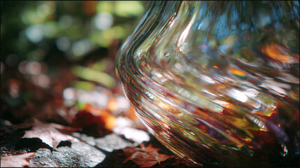 Poster - Close up of a glass vase with colorful reflections and autumn leaves on a blurred background outdoors