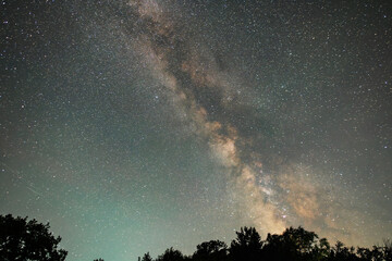 Wall Mural - beautiful night landscape, bright milky way galaxy on the starry sky., over the trees.