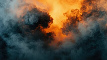 Poster - Dramatic Orange and Black Smoke Rising Against Dark Background with Fiery Highlights and Texture for Artistic Effects 4k video footage