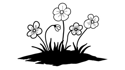 Poster - A drawing of a small patch of grass with five flowers with five petals each in black and white color created with generated ai