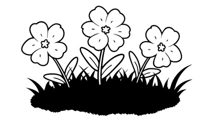 Poster - Three outlined flowers with six petals each growing from a patch of grass in black and white style created with generated ai
