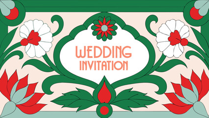 Poster - Wedding invitation design with floral elements and decorative border in green red and white color palette created with generated ai