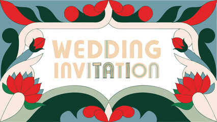 Poster - Wedding invitation card with floral design elements and retro style lettering on a white background created with generated ai