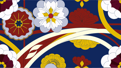 Aufkleber - Floral pattern with white, red, and yellow flowers on a dark blue background with curved lines design created with generated ai