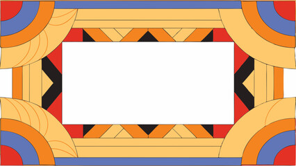 Poster - Art deco style frame with geometric patterns and curved elements in blue orange and yellow colors created with generated ai