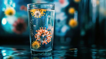 Poster - Close-Up of Transparent Glass Filled with Water and Colorful Virus Illustrations Creating a Science-Themed Background 4k video footage
