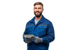 © The Stock Guy - Smiling male technician worker holding a digital tablet, isolated on transparent background. Concept of modern industry and maintenance