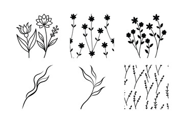 Wall Mural - Vintage black and white floral vector illustration set with ornate butterflies, leaves, and swirl elements perfect for tattoo designs, borders, or natural decorations