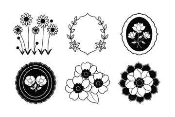 Wall Mural - set of black floral vector design elements and cogwheel illustrations
