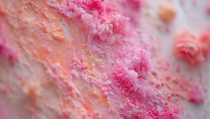 Poster - A close up view of pink and orange powder creating an abstract texture on a white surface