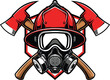 © Graphicmela - Emblem of a firefighter with crossed axes helmet gas mask and protective goggles