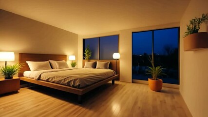 Poster - Modern bedroom in a minimalist desert home at night
