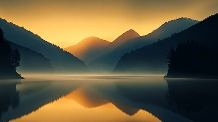 Poster - Golden sunrise over a tranquil lake nestled between mountains