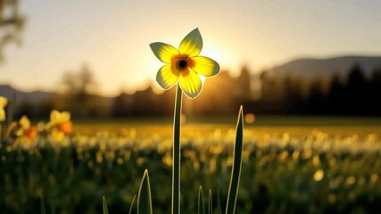 Aufkleber - Daffodils in a grassy field at sunrise