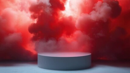 Poster - Dramatic Stage with Soft Round Pedestal Surrounded by Vibrant Red and Soft Cloudy Background in Artistic Lighting 4k video footage