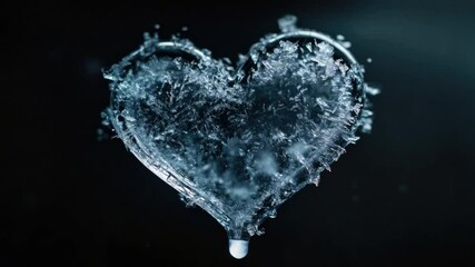 Poster - Intricate Ice Heart Formation with Frosty Texture and Sparkling Details on a Dark Background 4k video footage
