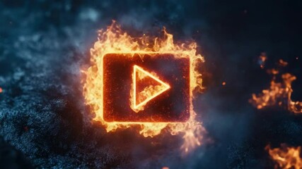 Poster - Fiery Play Button in Glowing Flames with Dark Background for Media and Entertainment Concepts 4k video footage
