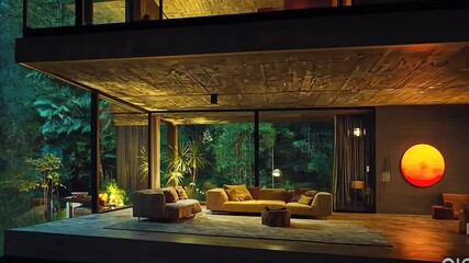 Poster - Contemporary concrete house interior at night