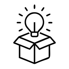 Poster - A lightbulb shining brightly above an open cardboard box in a simple line drawing on transparent background